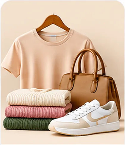 Folded knitwear, a T-shirt on a hanger, a handbag and a pair of trainers.