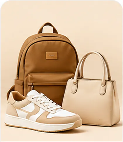 A backpack, a handbag and a pair of trainers.